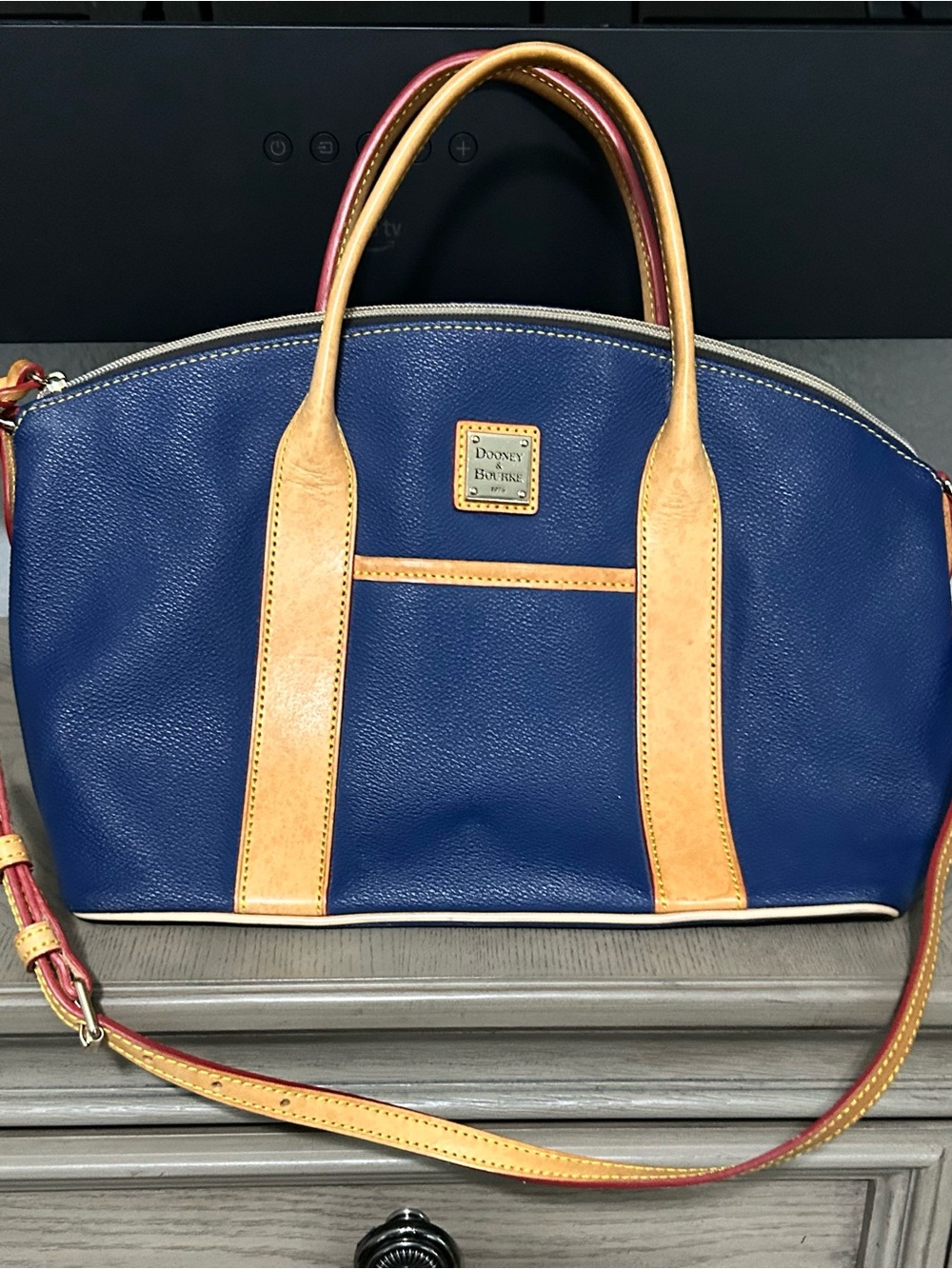 Dooney & Bourke Blue Leather Satchel with Tan Trim and Red Strap Accents
